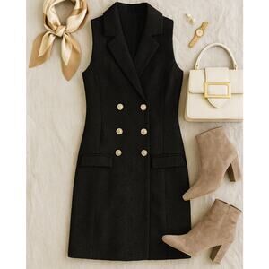 Jason Wu Black Boucle Tweed Sleeveless Double-Breasted Blazer Dress | Size S